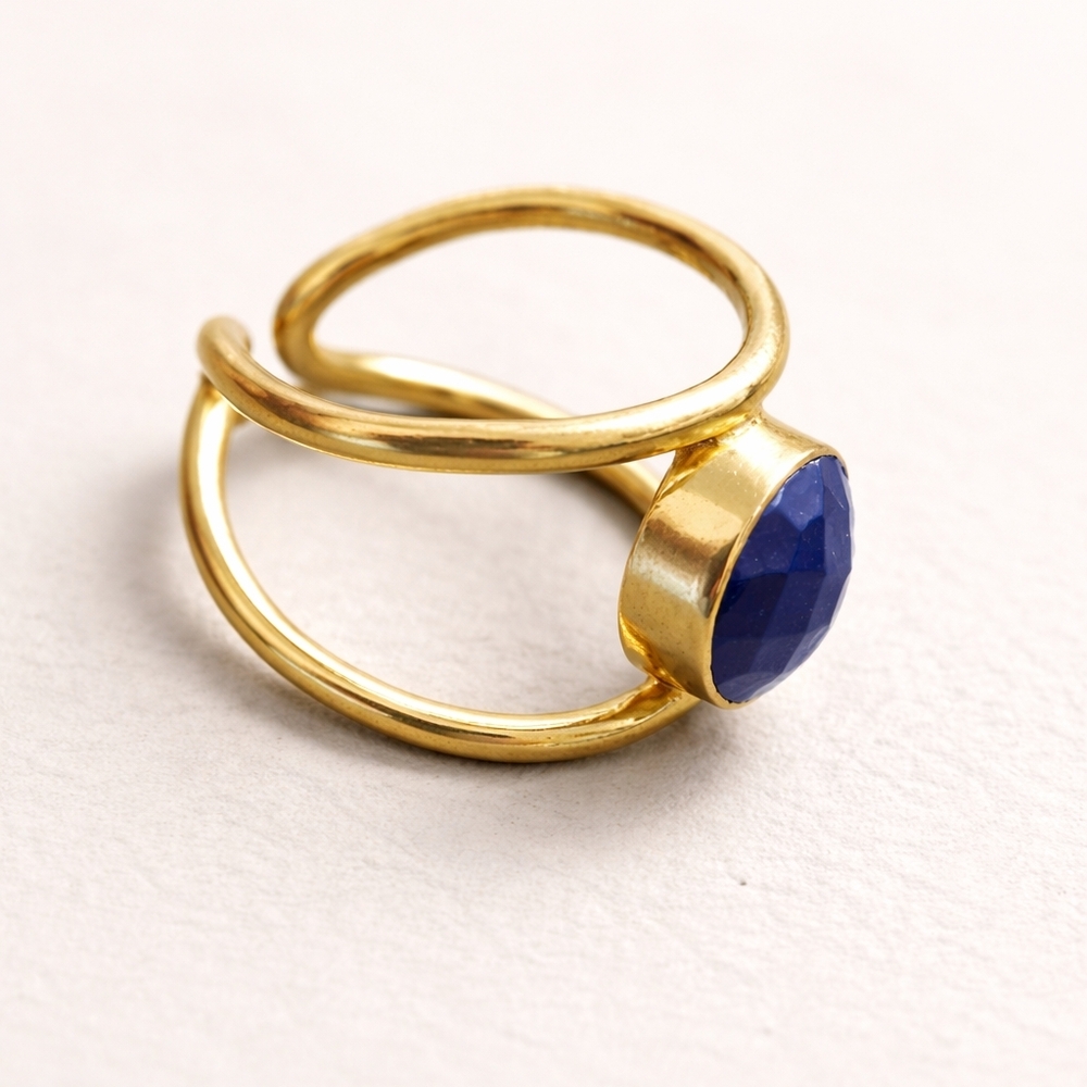 Faceted Lapis Lazuli Ring – Gold-Tone Double Band Adjustable Statement Ring